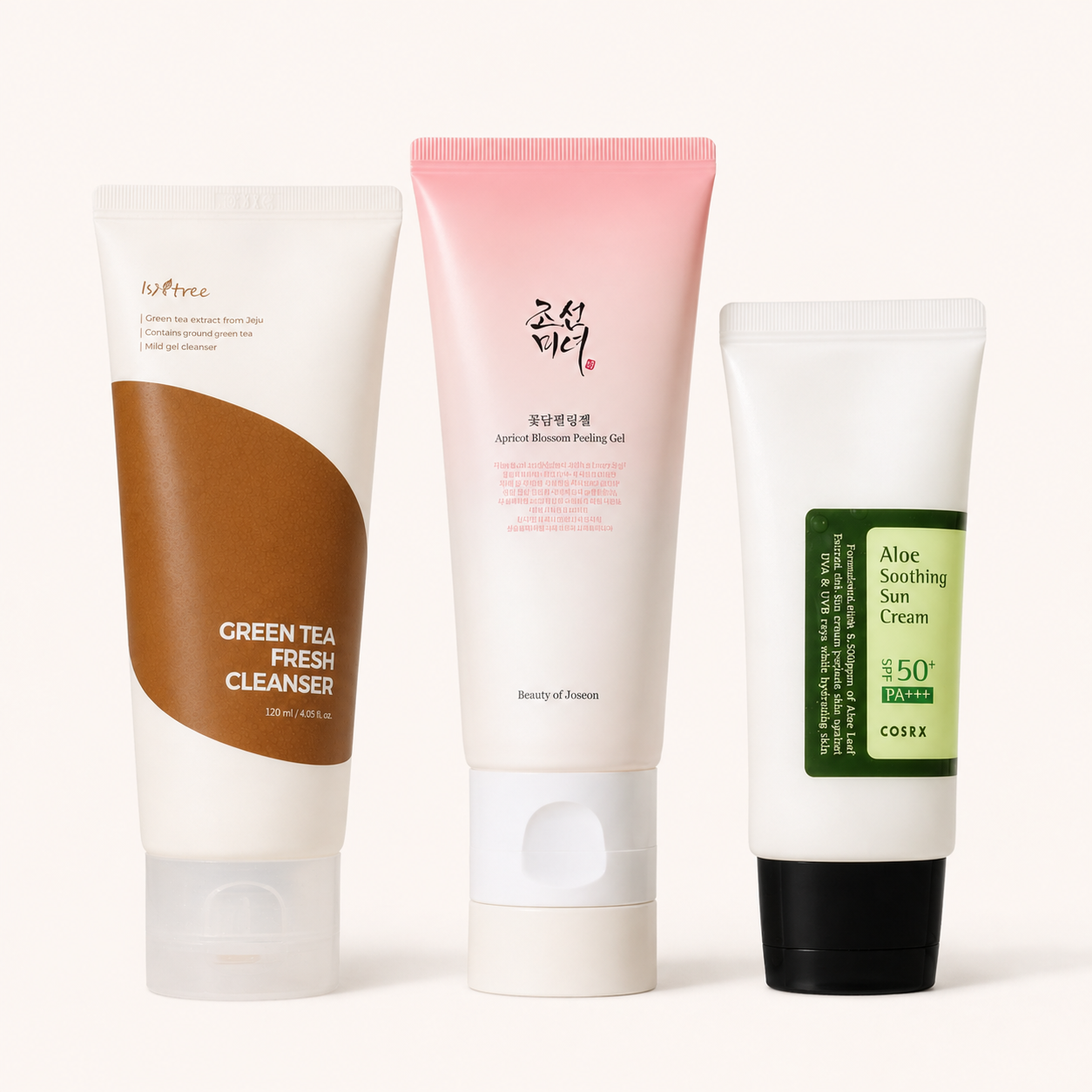 Pores and Texture bundle with Isntree Green Tea Fresh Cleanser, Beauty of Joseon Apricot Blossom Peeling Gel and COSRX Aloe Soothing Sun Cream