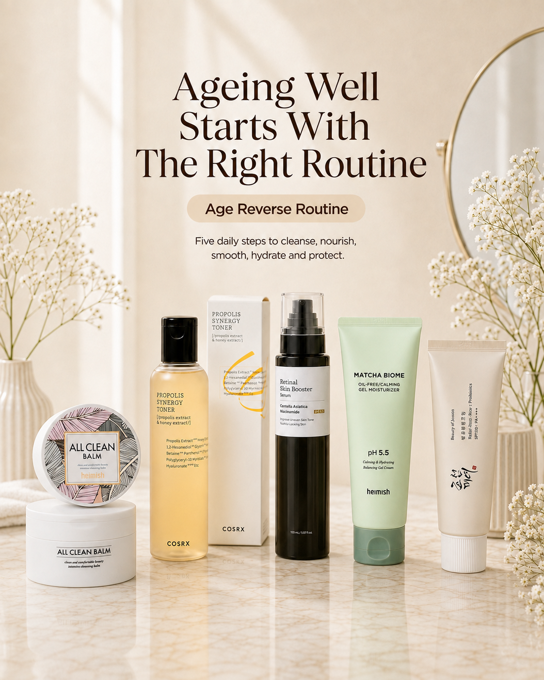 Age Reverse Routine with Heimish All Clean Balm, COSRX Propolis Toner, Meditherapy Retinal Booster, Heimish Matcha Moisturizer and Beauty of Joseon Relief Sun
