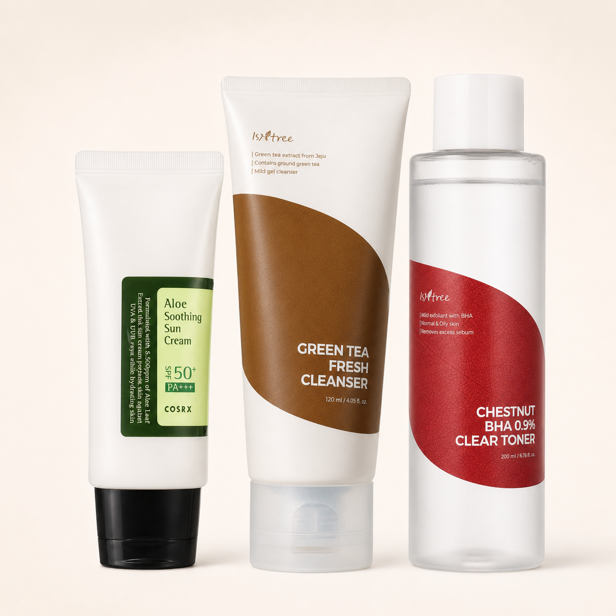 Acne and Breakouts bundle with Isntree Green Tea Fresh Cleanser, Isntree Chestnut BHA Toner and COSRX Aloe Soothing Sun Cream