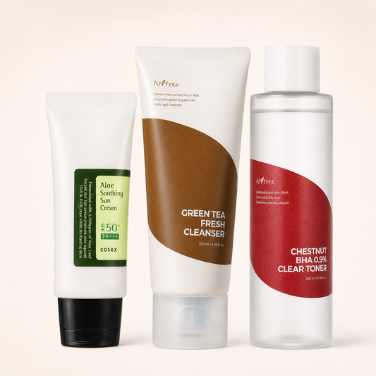 Acne and Breakouts bundle with Isntree Green Tea Fresh Cleanser, Isntree Chestnut BHA Toner and COSRX Aloe Soothing Sun Cream