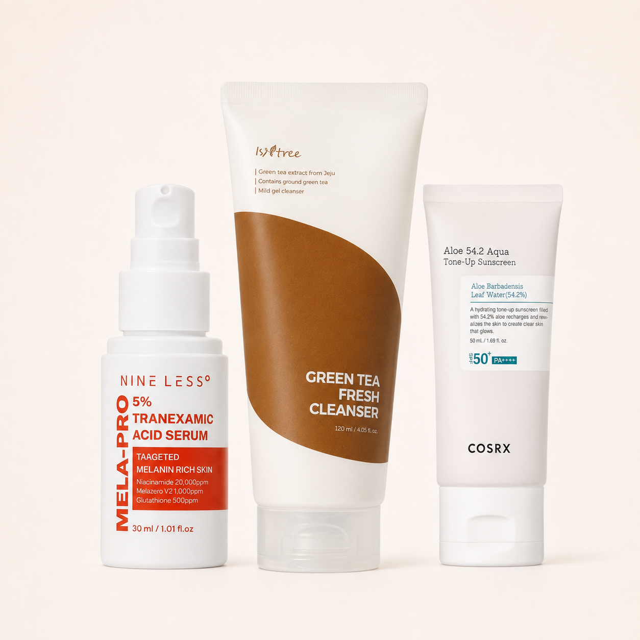 Dullness and Glow bundle with Isntree Green Tea Fresh Cleanser, NineLess Mela-Pro Serum and COSRX Aloe Tone-Up Sunscreen