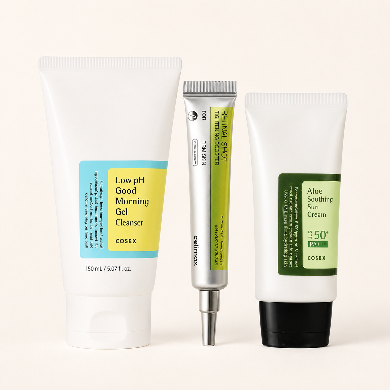 Healthy Ageing bundle with COSRX Low pH Good Morning Gel Cleanser, Celimax Vita-A Retinal Shot Booster and COSRX Aloe Soothing Sun Cream